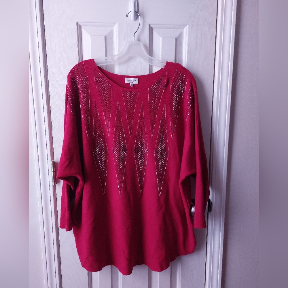 Siren Lily - NWT Red Sweater Batwing Diamond Pattern Rhinestones Embellished